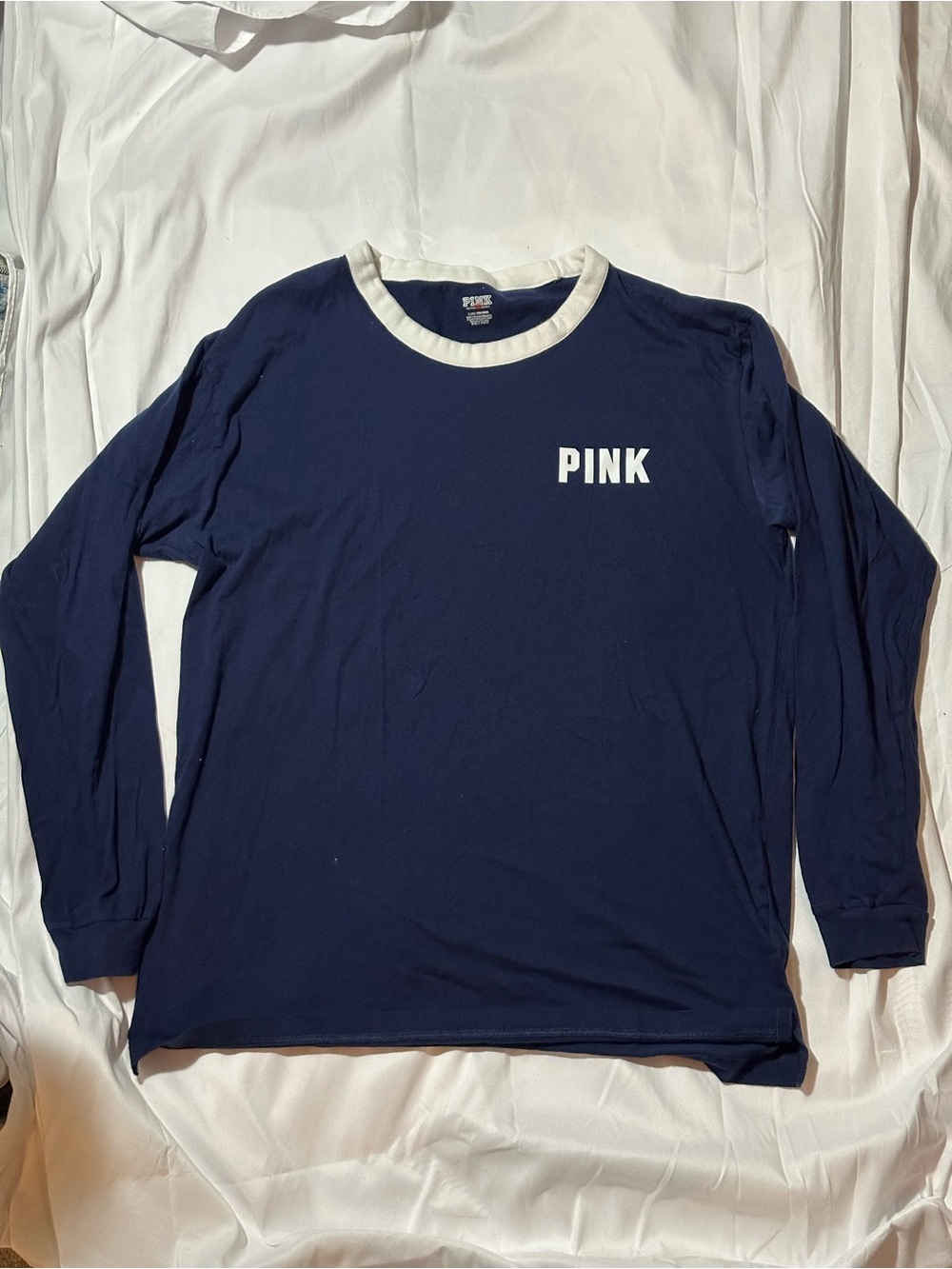 PINK Victoria's Secret Navy Long-Sleeve Ringer Tee with White Neck